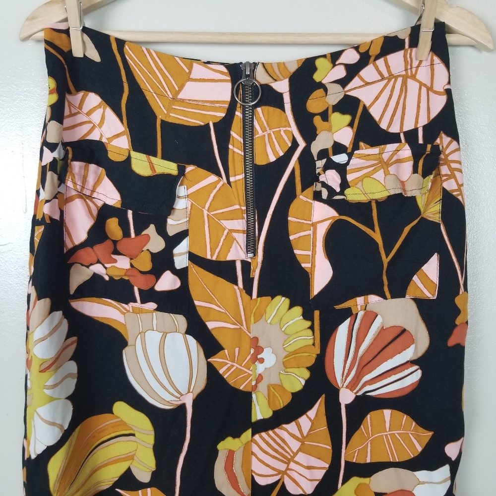 FREE PEOPLE Bali Orange Sunrise 100% Rayon Midi Skirt Floral Zip Leg Slit US 8 - Picture 4 of 12